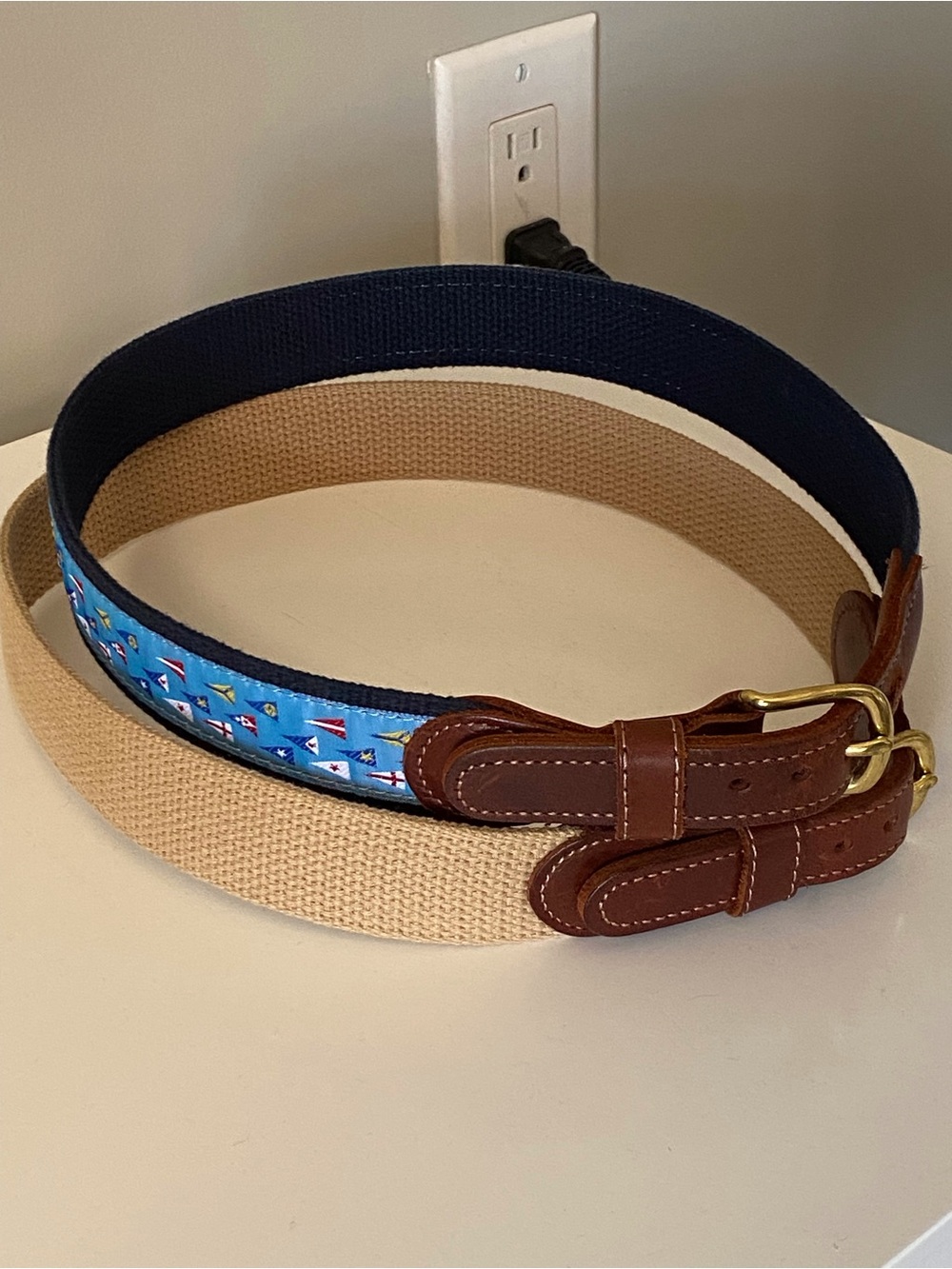 J.Bailey boys belts 25”-27” tan Belt and Blue Nautical Ribbon bundle